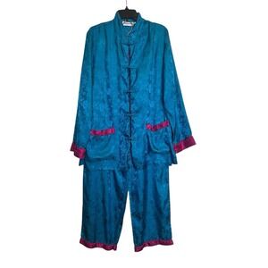 Bloomingdale's Vintage Pajama Set XL  Turquoise Floral Satin Asian Inspired